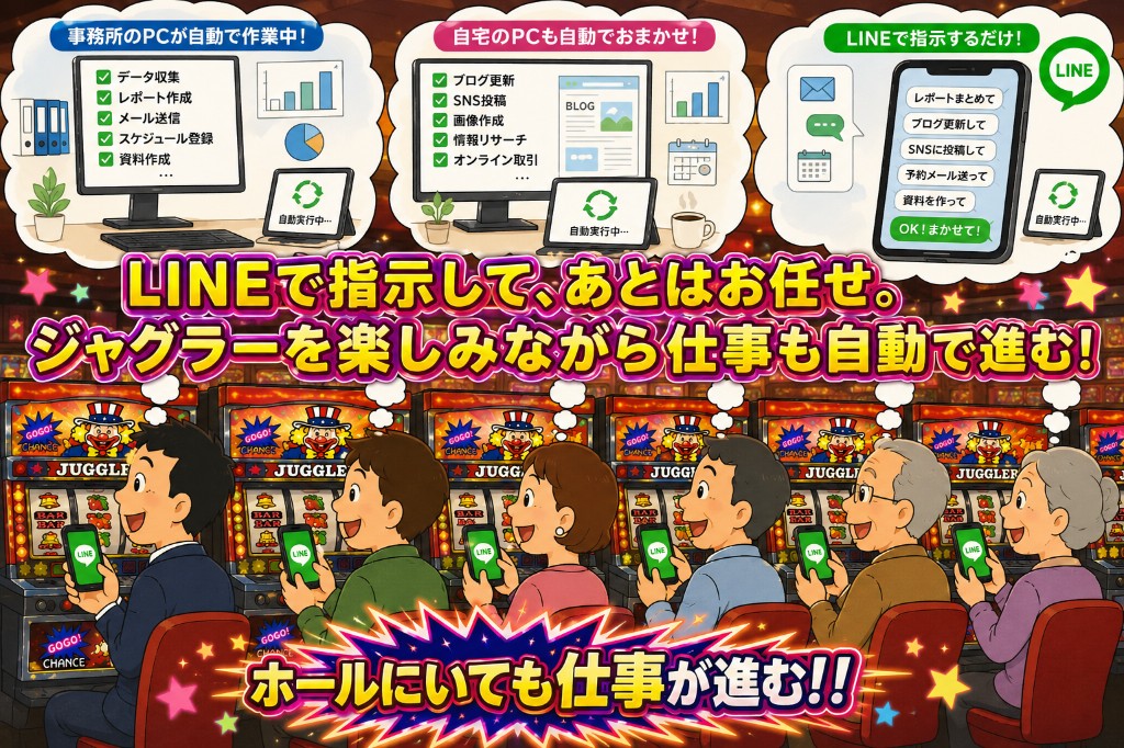 ホールでジャグラーを楽しみながら、LINEで指示して仕事を自動で進めるイメージ